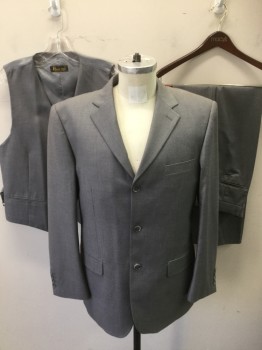 Mens, Suit, Jacket, PRTO FILO, Lt Gray, Polyester, Viscose, Solid, 40R, Single Breasted, 3 Buttons,  Notched Lapel, 2 Back Vents,