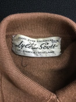 Womens, Sweater, LYLE & SCOTT, Caramel Brown, Cashmere, Solid, Cable Knit, B31, XS, Pullover, Collar Attached, 5 Buttons, 3/4 Sleeves,