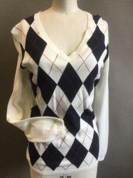 Womens, Pullover, TOMMY HILFIGER, White, Navy Blue, Red, Cotton, Argyle, Small, V-neck, Long Sleeves,