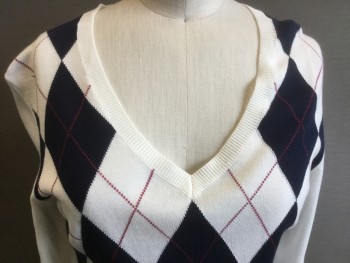 Womens, Pullover, TOMMY HILFIGER, White, Navy Blue, Red, Cotton, Argyle, Small, V-neck, Long Sleeves,
