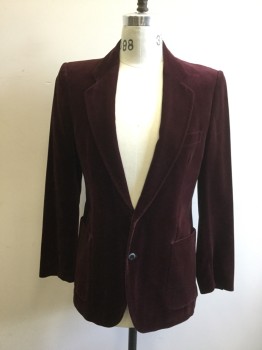 Mens, Sportcoat/Blazer, YVES ST. LAURENT, Red Burgundy, Cotton, Solid, 38R, Velvet, Collar Attached, Notched Lapel, 3 Pockets, Long Sleeves
