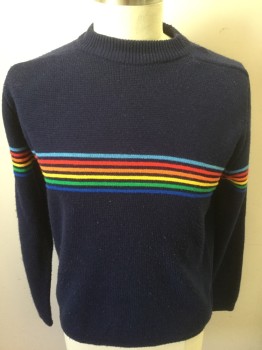 MERVYN'S, Navy Blue, Multi-color, Acrylic, Solid, Stripes - Horizontal , Solid Navy Knit with Rainbow Stripes Across Center Front Chest and Arms, Thick Ribbed Crew Neck,