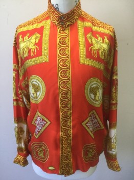 Mens, Club Shirt, N/L, Red, Goldenrod Yellow, White, Polyester, Novelty Pattern, M, Golden Yellow Grecian Pattern with Gold Leaf, Grecian Man on Horseback, Grecian Statues, Etc, Long Sleeve Button Front, Band Collar,