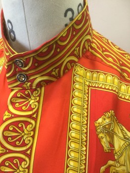 Mens, Club Shirt, N/L, Red, Goldenrod Yellow, White, Polyester, Novelty Pattern, M, Golden Yellow Grecian Pattern with Gold Leaf, Grecian Man on Horseback, Grecian Statues, Etc, Long Sleeve Button Front, Band Collar,
