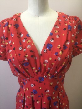 Womens, Dress, Short Sleeve, HI THERE, Red, Royal Blue, Lt Gray, Yellow, Black, Polyester, Floral, 6, Red with Blue/Yellow/Gray/Black/White Floral Pattern Crepe, Cap Sleeves, V-neck, Pleated at Bust, Pointed Yoke at Waist, Smocking at Shoulder Seams, Knee Length