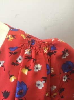 Womens, Dress, Short Sleeve, HI THERE, Red, Royal Blue, Lt Gray, Yellow, Black, Polyester, Floral, 6, Red with Blue/Yellow/Gray/Black/White Floral Pattern Crepe, Cap Sleeves, V-neck, Pleated at Bust, Pointed Yoke at Waist, Smocking at Shoulder Seams, Knee Length