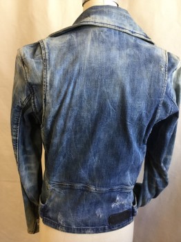 DIESEL, Lt Blue, Cotton, Elastane, Solid, Large Notched Lapel, with Metal Snaps, Off Side Zip Front, 3 Slant Pockets with Zipper, 1 Small Pocket with Flap & Snap, Long Sleeves with Zipper at Cuffs, Self Attached Belt with Rectangle Silver Buckle