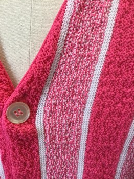 DONEGAL, Hot Pink, White, Polyester, Stripes - Vertical , Cardigan, Hot Pink and White Bumpy Textured Knit Vertical Stripes, Long Sleeves, V-neck, 5 Buttons,