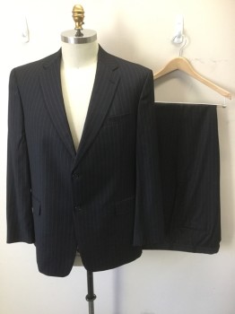 HART SHAFFNER MARX, Navy Blue, Lt Gray, Wool, Stripes - Pin, Single Breasted, 2 Buttons,  Notched Lapel, 3 Pockets, 3 Dotted Pinstripes Make the Stripe