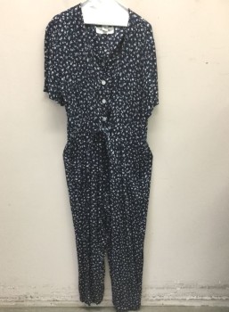 Womens, Jumpsuit, MOLLY MALLOY, Navy Blue, Lavender Purple, White, Turquoise Blue, Rayon, Floral, W:36, B:42, H:48, Gauze, S/S, Rounded Square Neck, 4 Button Front, Self Ties at Waist, Full Length Tapered Legs