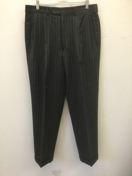 Mens, 1980s Vintage, Suit, Pants, REPORTER, Charcoal Gray, Wool, Ins:31, W:34, with Brown Specked Stripes with Solid Pinstripe Center, Double Pleated, Button Tab Waist, 4 Pockets, Straight Leg, Cuffed Hems