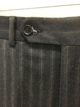 REPORTER, Charcoal Gray, Wool, with Brown Specked Stripes with Solid Pinstripe Center, Double Pleated, Button Tab Waist, 4 Pockets, Straight Leg, Cuffed Hems