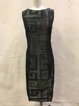 AKRIS PUNTO, Forest Green, Taupe, Magenta Purple, Lime Green, Silk, Geometric, Geometric Print on Satin Finished Fabric, Jewel Neck, Sleeveless, Fitted, Zipper Center Back,