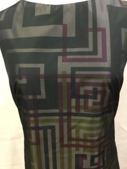 AKRIS PUNTO, Forest Green, Taupe, Magenta Purple, Lime Green, Silk, Geometric, Geometric Print on Satin Finished Fabric, Jewel Neck, Sleeveless, Fitted, Zipper Center Back,