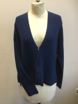 Womens, Sweater, EILEEN FISHER, Navy Blue, Wool, Solid, S, Deep V.neck, Zipper Front, Long Sleeves, Slits at Side Seams Back Longer Than Front