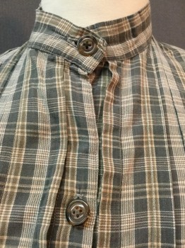 MTO, Gray, Off White, Brown, Cotton, Plaid, Gray with Off White & Brown Plaid, Stand Collar Attached, Button Front, Vertical Pleat Front & Back, Long Sleeves,