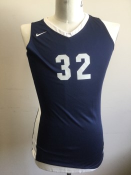 Unisex, Jersey, NIKE DRI FIT, Navy Blue, White, Polyester, Color Blocking, L, Navy with White V-neck, White Panels at Sides with Navy Stripes, Sleeveless, "32" at Front and Back
