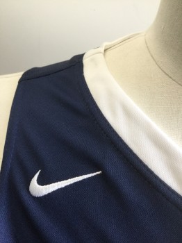 Unisex, Jersey, NIKE DRI FIT, Navy Blue, White, Polyester, Color Blocking, L, Navy with White V-neck, White Panels at Sides with Navy Stripes, Sleeveless, "32" at Front and Back