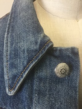 A.G., Denim Blue, Cotton, Solid, Medium Blue Denim, Button Front, Collar Attached, 4 Pockets