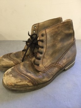 N/L, Brown, Leather, Solid, Distressed Leather, Cap-Toe, Ankle,