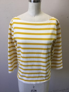 J. CREW, Mustard Yellow, White, Cotton, Stripes, Boat Neck, 3/4 Sleeve