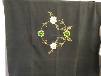 MTO, Black, Pink, Cream, Green, Yellow, Wool, Solid, Floral, Black Wool Shawl with Floral Yarn Embroidery,
