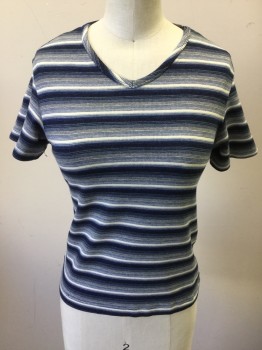 Womens, T-Shirt, YS STUDIO, Blue, White, Gray, Navy Blue, Acrylic, Spandex, Stripes, S, V-neck, Short Sleeves, Ribbed Knit,
