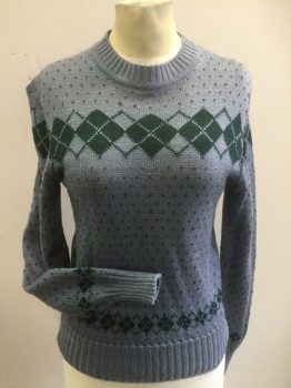 Womens, Sweater, G. PELLINI, Blue-Gray, Forest Green, Wine Red, Acrylic, Argyle, Dots, B34, L, Long Sleeves, Crew Neck,