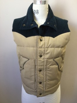 GIMBELS, Khaki Brown, Navy Blue, Polyester, Cotton, Color Blocking, Puffy Quilted, Navy Corduroy Yoke/ Collar Attached, Khaki Lower, 2 Pockets, Snap Front