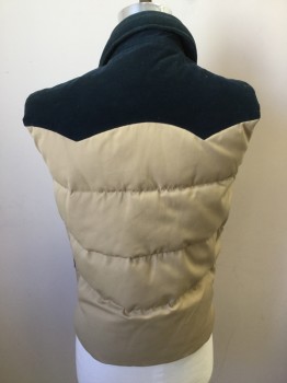 GIMBELS, Khaki Brown, Navy Blue, Polyester, Cotton, Color Blocking, Puffy Quilted, Navy Corduroy Yoke/ Collar Attached, Khaki Lower, 2 Pockets, Snap Front