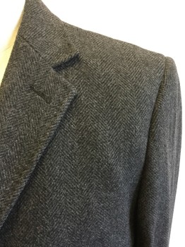 BRAGA, Charcoal Gray, Black, Wool, Nylon, Herringbone, Single Breasted, Collar Attached, Notched Lapel, 2 Pockets, Knee Length