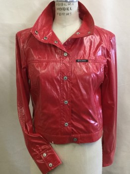 GUESS, Red, Acetate, Rayon, Solid, Vinyl, Collar Attached, Metal Snap Front, Long Sleeves,