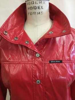 Womens, Jacket, GUESS, Red, Acetate, Rayon, Solid, B36, S, Vinyl, Collar Attached, Metal Snap Front, Long Sleeves,