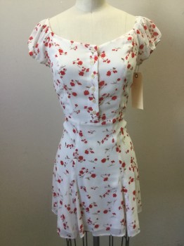 Womens, Dress, Short Sleeve, REFORMATION, White, Red, Brown, Pink, Synthetic, Floral, XS, Cap Sleeves, Peasant Style, Button Front Placket, Back Zip