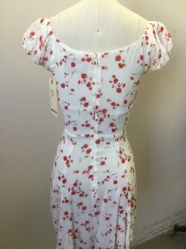 Womens, Dress, Short Sleeve, REFORMATION, White, Red, Brown, Pink, Synthetic, Floral, XS, Cap Sleeves, Peasant Style, Button Front Placket, Back Zip