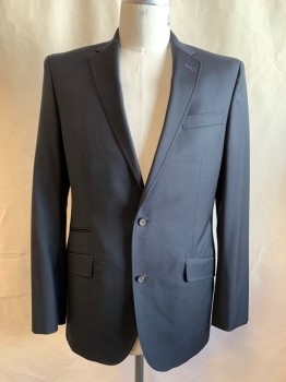 Mens, Sportcoat/Blazer, TED BAKER, Black, Wool, Solid, 42L, Single Breasted, Collar Attached, Notched Lapel, 4 Pockets, 2 Buttons