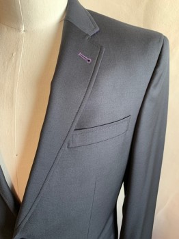 Mens, Sportcoat/Blazer, TED BAKER, Black, Wool, Solid, 42L, Single Breasted, Collar Attached, Notched Lapel, 4 Pockets, 2 Buttons