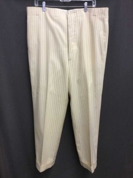 MTO/Dominic Gherardi, Cream, Blue, Wool, Stripes - Pin, Flat Front, Button Fly, Back Adjustable Buckle, Suspender Buttons, Side Welt Pockets, Cream with Blue Pinstripes, Cuff Hems, Multiple