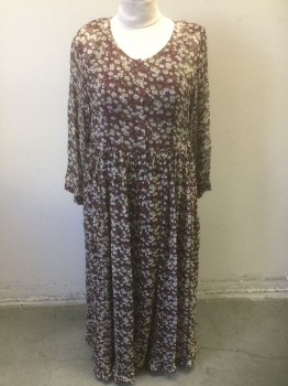 LE MIEUX, Red Burgundy, Sage Green, White, Purple, Rayon, Floral, Sheer Woven, with Solid Burgundy Shell Attached Underneath, Long Sleeves, Button Front, Scoop Neck, Lightly Padded Shoulders, Gathered at High Waist, Ankle Length,