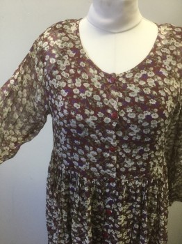 LE MIEUX, Red Burgundy, Sage Green, White, Purple, Rayon, Floral, Sheer Woven, with Solid Burgundy Shell Attached Underneath, Long Sleeves, Button Front, Scoop Neck, Lightly Padded Shoulders, Gathered at High Waist, Ankle Length,
