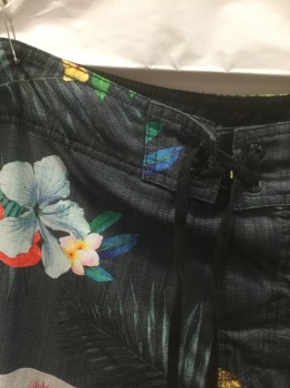 Mens, Swim Trunks, O'NEILL, Multi-color, Dk Gray, Lt Gray, Multi-color, Polyester, Spandex, Floral, Tropical , W:34, Dark Gray with Multicolor Tropical Flowers and Leaves, Bottom is Light Gray with Same Tropical Pattern, Black Laces at Center Front Waist with Velcro Closures, 1 Cargo Pocket at Side, 10" Inseam