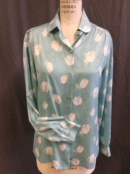 DALTON, Aqua Blue, White, Dk Gray, Polyester, Floral, Outline White Tulips, Collar Attached, Button Front, Long Sleeves,
