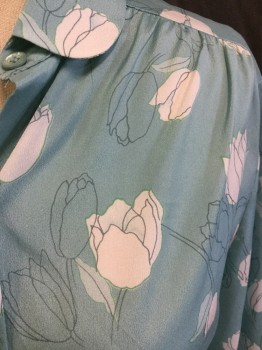 DALTON, Aqua Blue, White, Dk Gray, Polyester, Floral, Outline White Tulips, Collar Attached, Button Front, Long Sleeves,