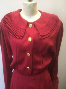 ALBERT NIPON, Dk Red, Silk, Solid, Crepe, Long Sleeves, Thick Shoulder Pads, Round Collar with 2 Layers of Pleated Ruffle Edge, Shirt Waist with Large Gold Buttons at Front, Box Pleats at Hem, Hem Mid-calf,