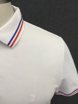 FRENCH CONNECTION, White, Cotton, Polyester, Solid, Pique Knit, Short Sleeves, 3 Buttons,  Ribbed Knit Collar Attached, Ribbed Knit Cuff, Blue/White/Red Stripe Heat Transfer on Collar and Cuff