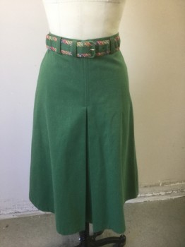 Womens, Skirt, N/L, Green, Multi-color, Cotton, Solid, W:24, Textured Solid Green Cotton, 1.5'' Waistband, A-Line, Hem Below Knee, Box Pleat at Center Front, Reproduction **Comes with Matching Belt, Belt is Green Solid and Multicolor Patterned Fabric
