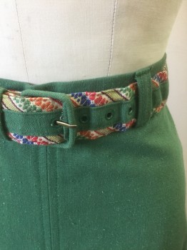 Womens, Skirt, N/L, Green, Multi-color, Cotton, Solid, W:24, Textured Solid Green Cotton, 1.5'' Waistband, A-Line, Hem Below Knee, Box Pleat at Center Front, Reproduction **Comes with Matching Belt, Belt is Green Solid and Multicolor Patterned Fabric