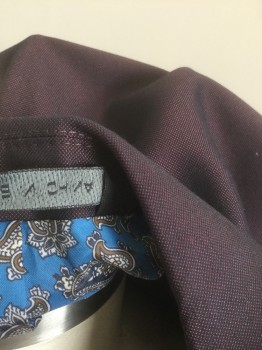 Mens, Sportcoat/Blazer, ELEGANZA, Red Burgundy, Navy Blue, Polyester, Viscose, 2 Color Weave, 44R, Navy with Dark Red Dots, From a Distance Appears Dark Burgundy, Single Breasted, Notched Lapel, 2 Buttons, 3 Pockets, Lining is Cerulean Blue with Shades of Gray/Black Paisley Pattern