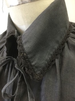 N/L, Black, Rayon, Solid, Long Puffy Sleeves, Collar Attached, Pullover, Black Crochet Lace Trim at Collar and Cuffs, Self Ruffle at Cuffs, Self Ties and 2 Button Closures at Neck, Pirate Shirt