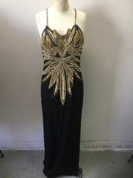 JAGSWEAR, Black, Gold, Silver, Silk, Rayon, Bugle Beads, Sequins, Round Beads, Pattern Bursting From Chest, Spaghetti Straps, Center Back Zipper, Slit for Walking